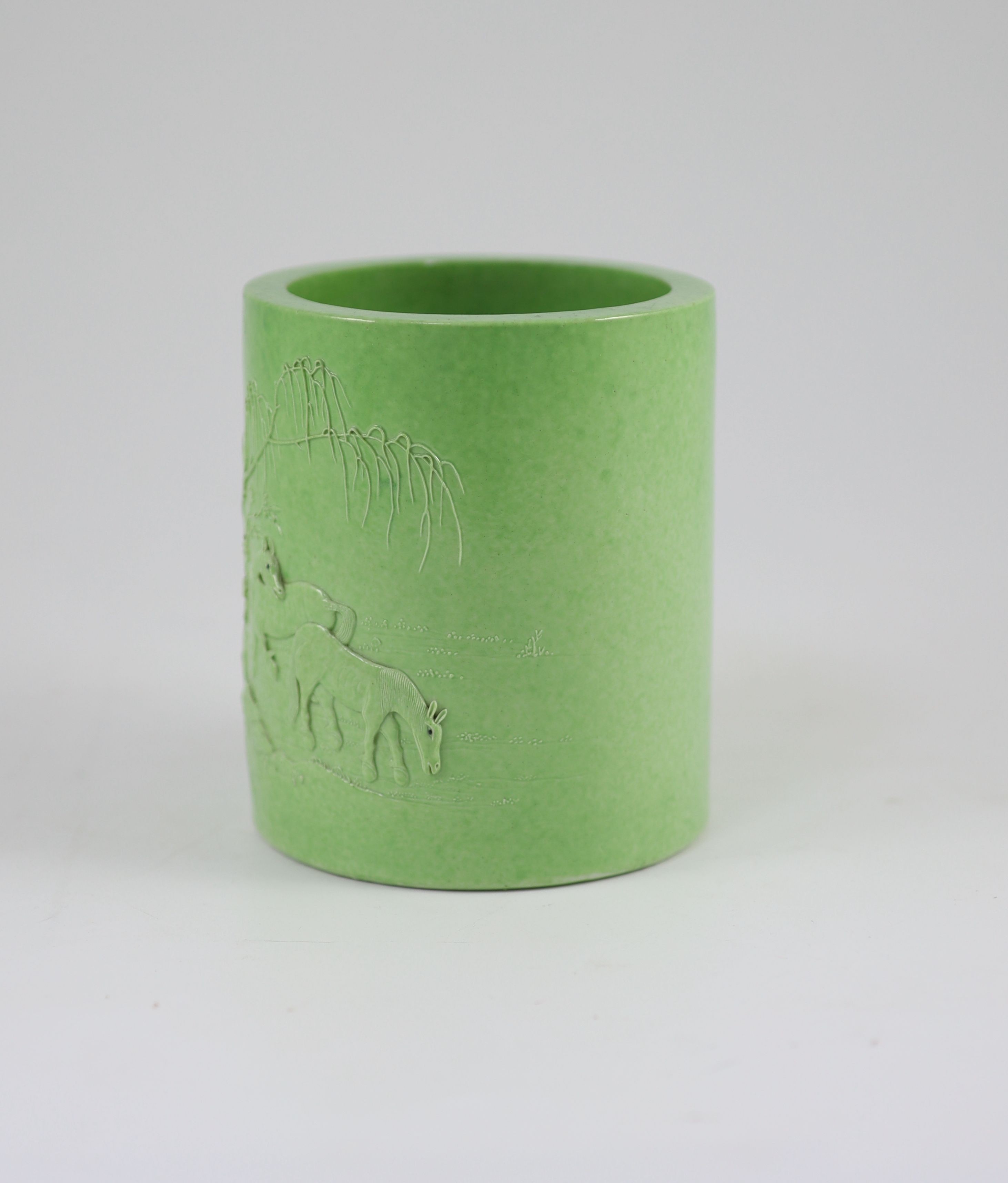 A Chinese lime green glazed brushpot, bitong, 19th century, 13.7 cm high